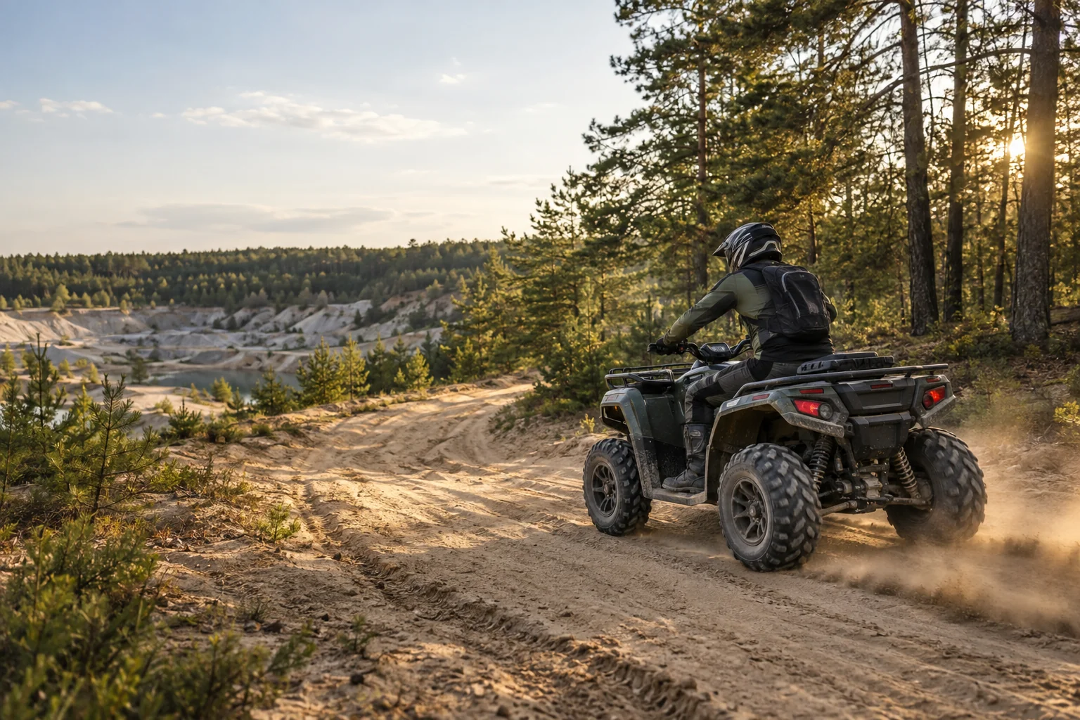 An ATV on a wide sandy trail among pine-covered hills — concept illustration